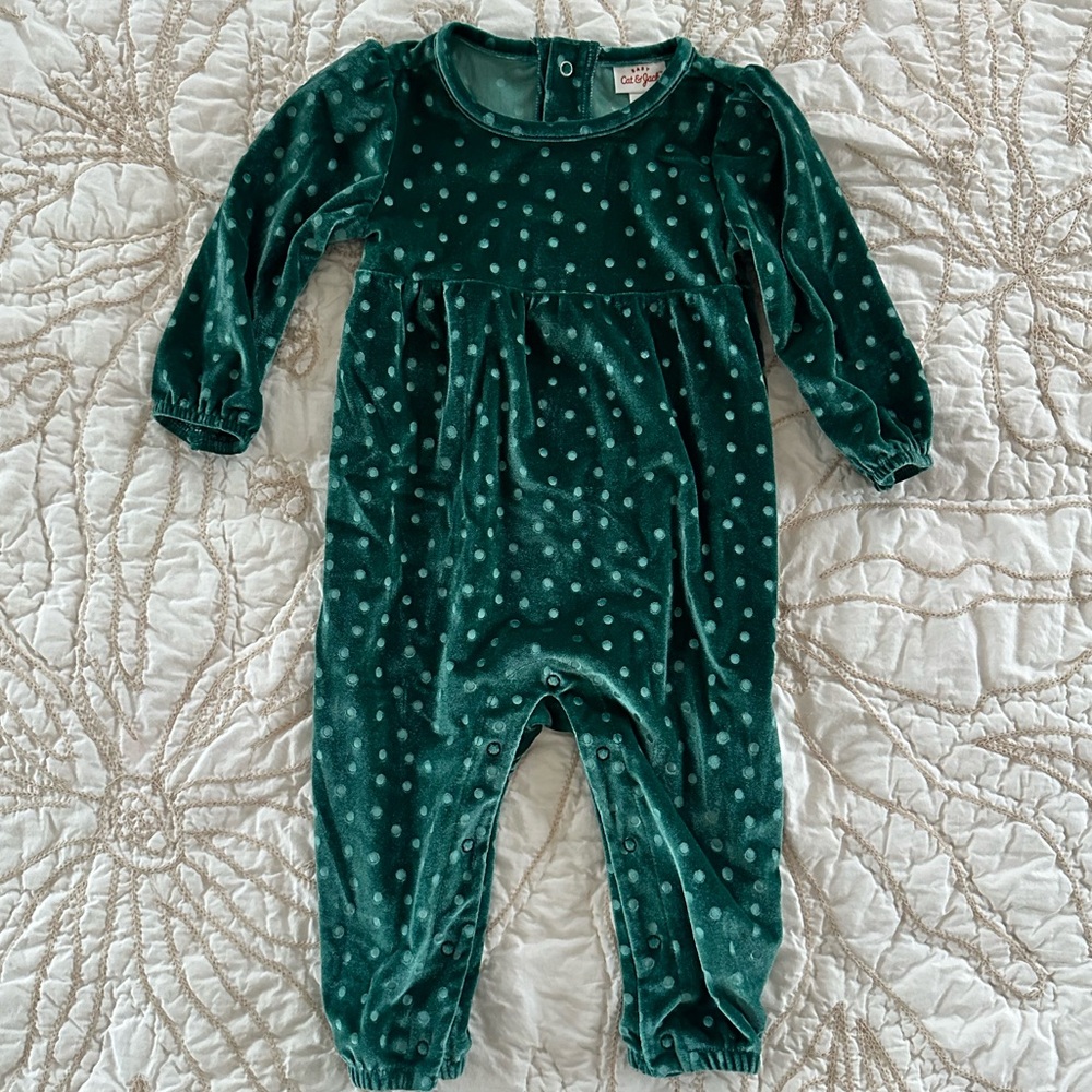 Baby Girl Green Polkadot Velvet Jumpsuit, 6-9M